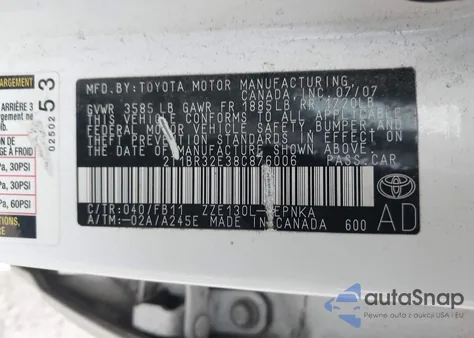 2008 Toyota Corolla Le z USA, uszkodzony, nr VIN 2T1BR32E38C876006